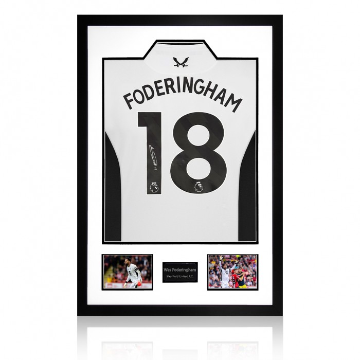 Wooden framed SUFC display containing an etched plaque and a shirt signed by goalkeeper Wes Foderingham. These are Sheffield United official shirts by signed at a private signing exclusively with The Fan Cave in 2023!